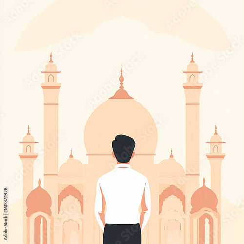 Illustration of man standing in front of mosque in minimal pastel style representing spirituality and reflection