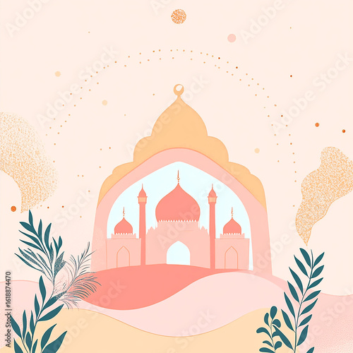 Abstract mosque illustration in pastel colors with oriental elements for religious or festive themes