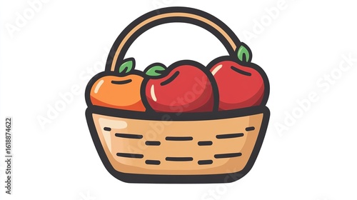 A single vector icon of an apple basket, bold black outline, flat colors, no gradient, simple and modern style, white background, high contrast 