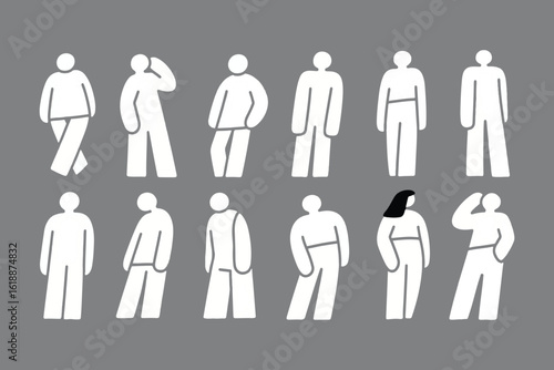 Collection of minimalist white outline figures of people in various casual poses against a solid grey background showcasing diverse body types and simple clothing designs