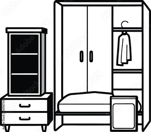 dorm room with bed shelf and small wardrobe