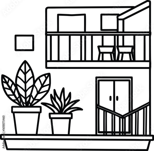 dorm room with balcony and potted plants outside