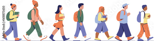 A group of diverse students walking in a line with backpacks and books on a light purple background