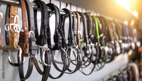 Horse riding tack displayed on a metal rack