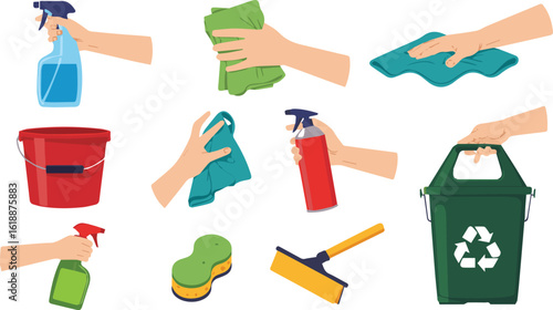 Illustration of various cleaning supplies including spray bottles cloths and a recycle bin on white