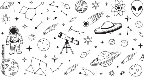Black and white doodle pattern with astronaut planets stars and space themed objects on a white background