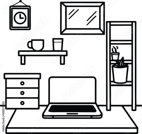 dorm room with posters laptop and coffee cup