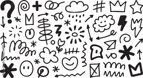 A collection of hand drawn doodle elements including arrows stars clouds and other abstract shapes
