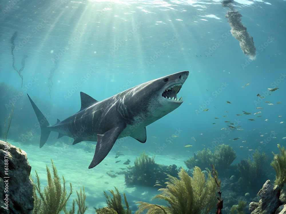 Fototapeta premium Majestic great white shark swims through sunlit ocean water with open jaws