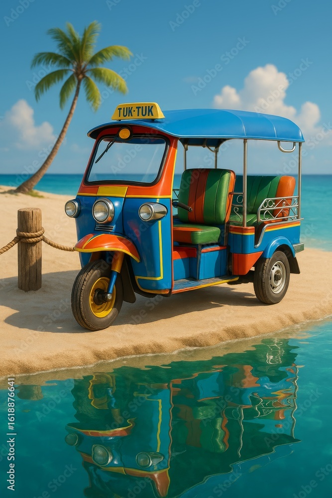Obraz premium Colorful tuk-tuk parked near a tropical beach with palm trees and turquoise water under a sunny sky.
