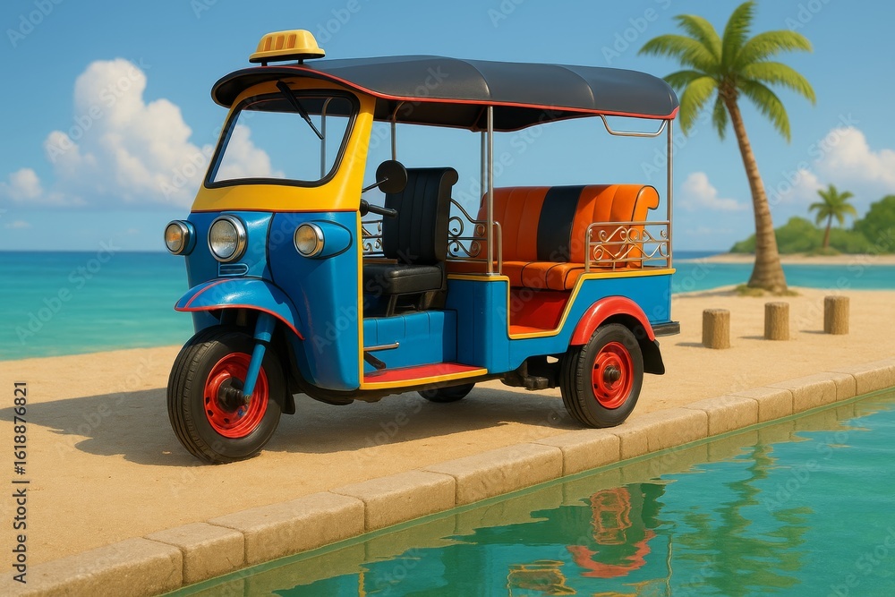 Obraz premium Colorful tuk-tuk parked near a tropical beach with palm trees and turquoise water under a sunny sky.