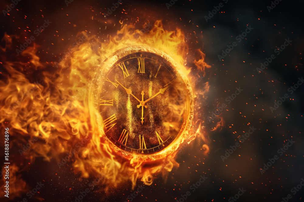 Obraz premium Burning Clock Symbolizing End of Time, Fiery Clock Exploding with Flames and Sparks