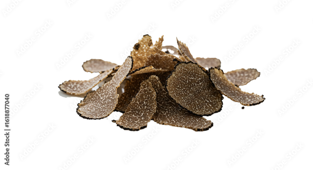 Fototapeta premium A close up shot of a pile of thinly sliced black truffles on a black background in studio lighting on transparent background
