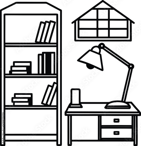 dorm room with small bookshelf and study lamp