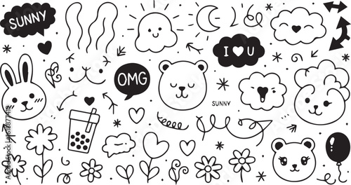 A whimsical doodle sheet featuring cute animals, flowers, and playful design elements in black and white