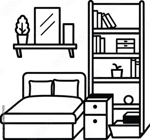 dorm room with tidy bed shelf and laptop