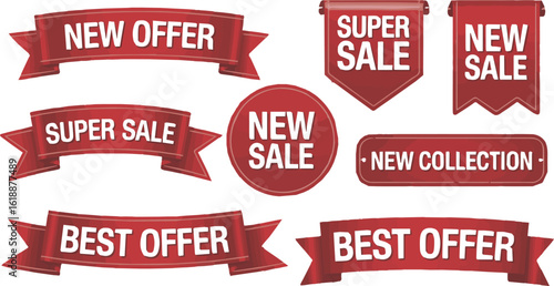 Collection of red sale banners and tags with promotional messages on a transparent background