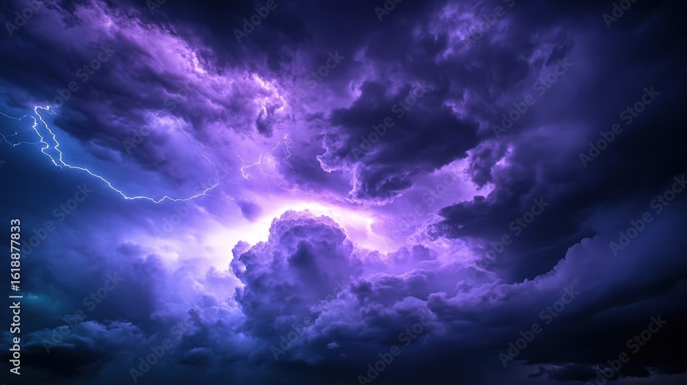 Fototapeta premium A stunning purple storm cloud illuminated by lightning fills the sky with dramatic energy and beauty, captivating all who witness it.