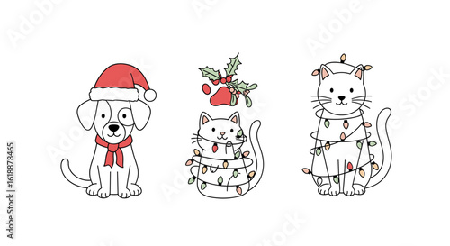 Adorable festive pets enjoying holiday cheer, festive companions celebrating the season's joy, cute animals dressed for winter festivities