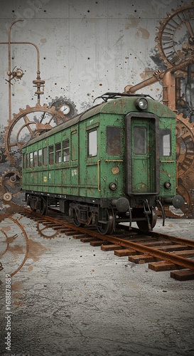 Steampunk Green Train Car on Rusty Rails: Vintage Locomotive with Gears and Pipes in Industrial Scene