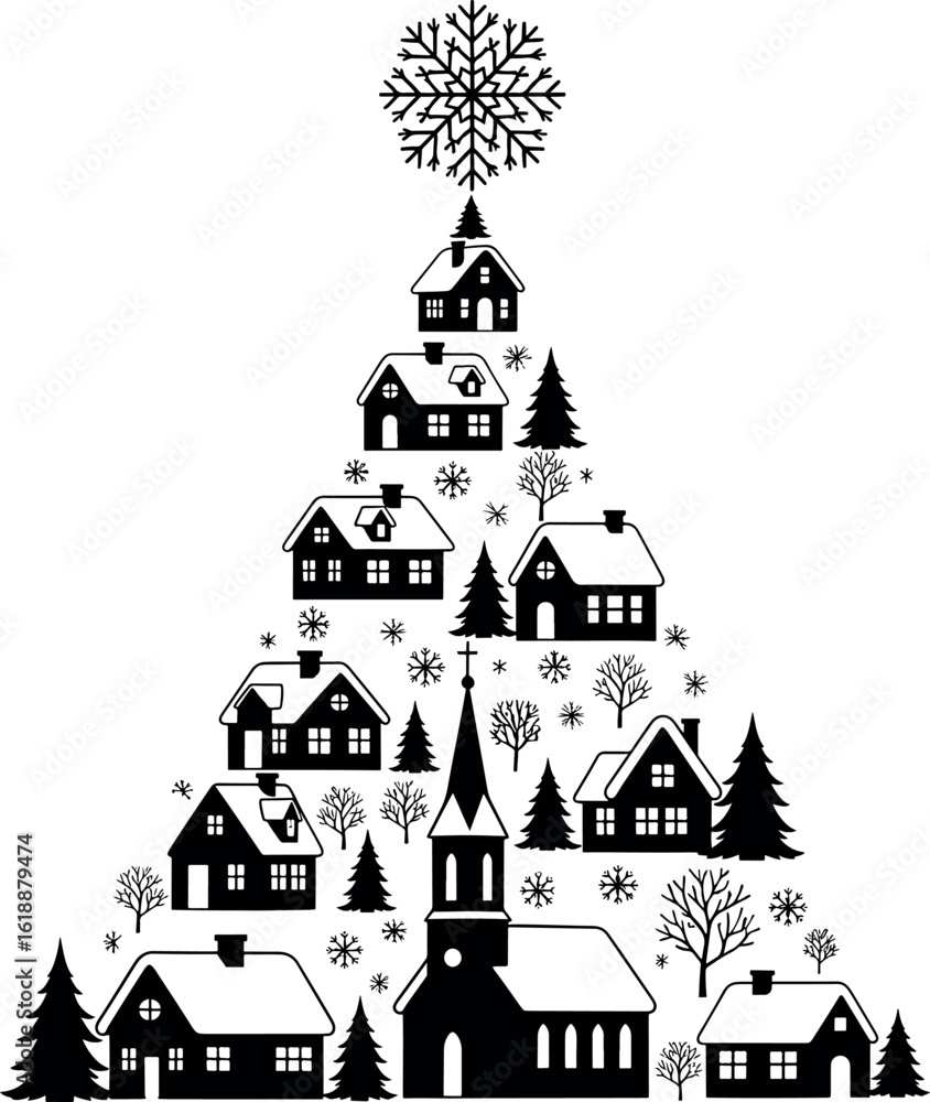 Obraz premium Christmas tree made from a winter village silhouette with houses, a church, and a snowflake star. Black and white vector holiday illustration.