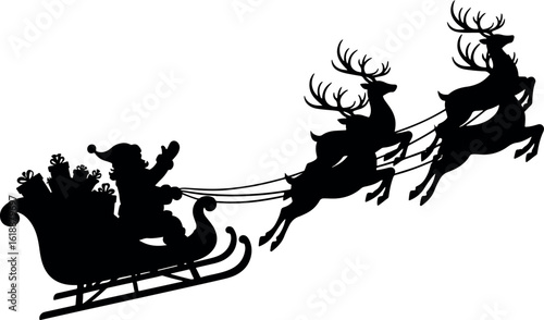 Silhouette of Santa Claus riding his Christmas sleigh with reindeer. Vector illustration of Santa's flight, isolated on a white background.