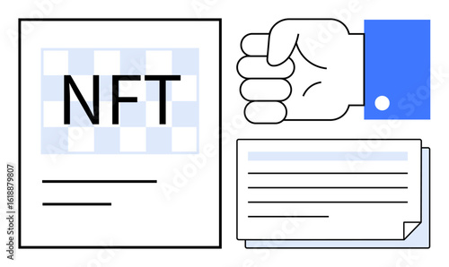 NFT document with checkered design, hand gesture portraying approval, and stacked papers. Ideal for blockchain, digital authentication, modern contracts, intellectual property, innovation, approval