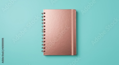 Rose Gold Spiral Notebook on Teal Background: Elegant Journal, Business, Planning, Office Supply, Diary, Minimalist Design, Flat Lay, Stationery