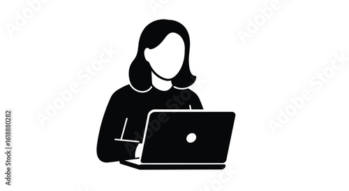 A black and white icon of a woman working on a laptop