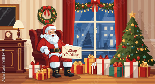 Festive Santa Claus sitting in a chair, holding a Merry Christmas card, surrounded by gifts and a decorated Christmas tree, cozy room, warm atmosphere