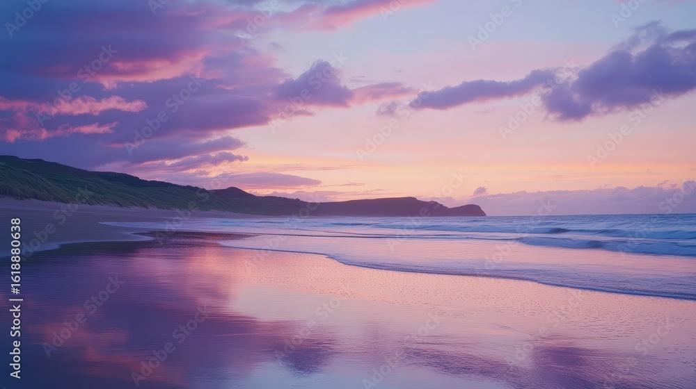 Fototapeta premium A tranquil sunset reflecting on the calm beach with soft waves and gentle clouds in the serene sky.