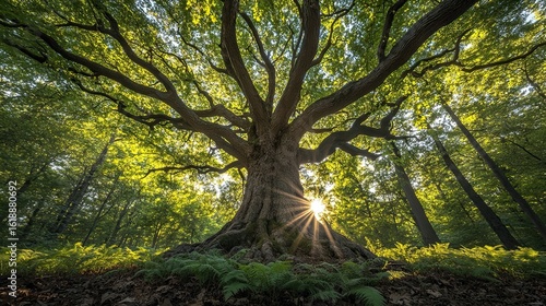 Create a hyper-realistic wide-angle photograph of a mature American walnut tree 