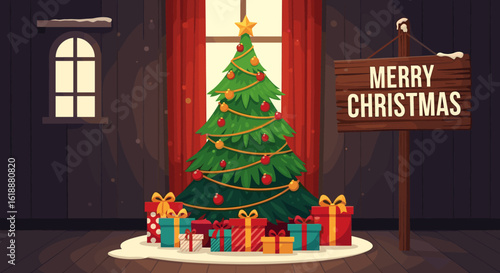 Festive Winter Scene With Decorated Christmas Tree And Gifts Underneath, 2023