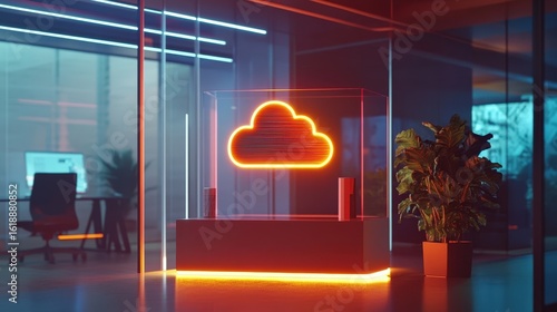Modern office with glowing cloud logo in vibrant colors, showcasing innovation and technology in a sleek environment.