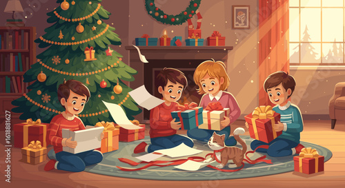 Children happily unwrapping Christmas gifts on the floor