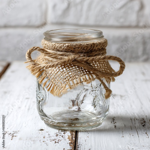 Rustic jute wrapped glass jar isolated on white background