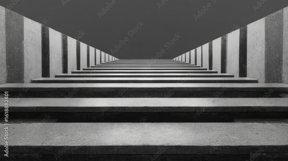 Fototapeta premium Ascending concrete staircase flanked by striped walls leading to a dark undefined space