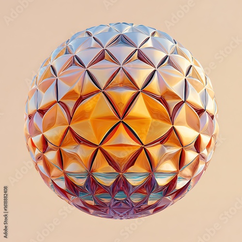 Geometric sphere with iridescent facets isolated on white background