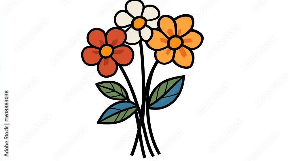 Naklejka premium A single vector icon of a bouquet of flowers, bold black outline, flat colors, no gradient, simple and modern style, white background