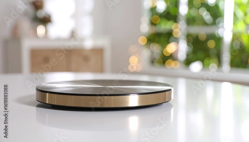 Modern circular device on white table, blurred background