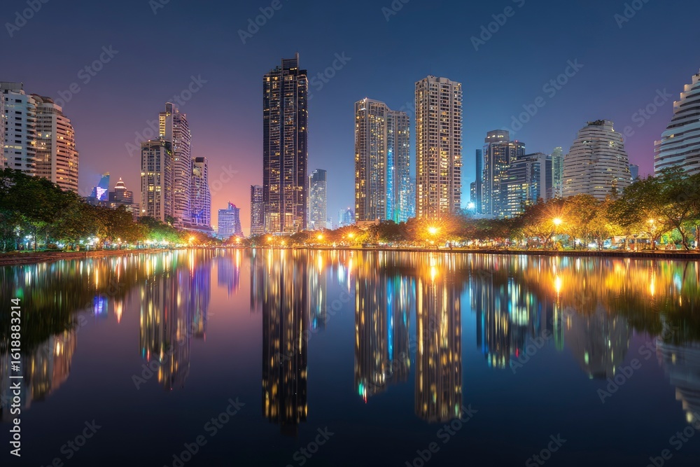 Fototapeta premium City buildings light up at night reflecting in water