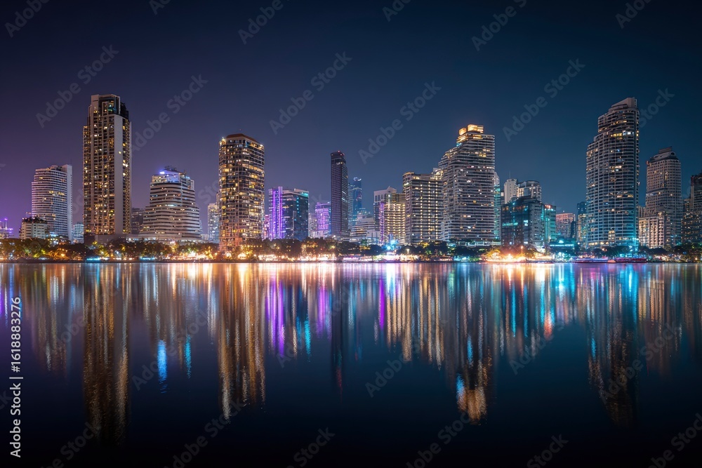 Fototapeta premium City skyline at night with lights reflected in water creating symmetrical patterns