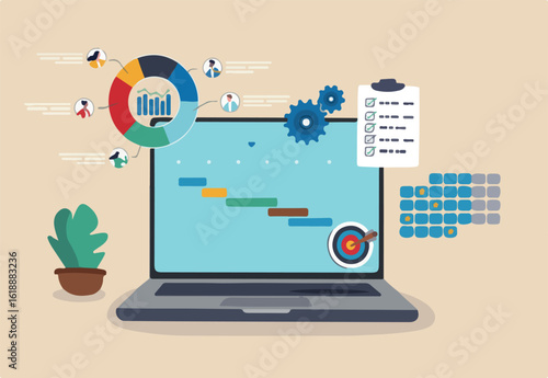 Project management, planning for software development, resources and budget planning, project schedule diagram, gantt chart for work deadline concept, computer laptop with project management software
