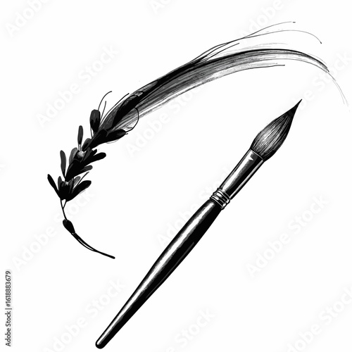 Artistic brush and foliage design illustration in creative style with copy space