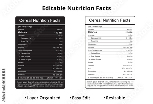 cereal nutrition fact, nutrition label design, editable nutrition facts,  vector nutrition facts