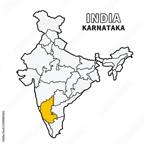 Karnataka Map is highlighted on the India map with detailed state and region outlines vector illustration 