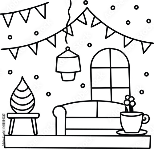dorm with fairy lights cup of tea and small table