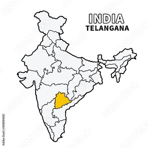 Telangana Map is highlighted on the India map with detailed state and region outlines vector illustration 