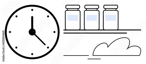 Wall clock with bold hands alongside neatly aligned jars on a shelf and linear cloud accent. Ideal for time management, organization, scheduling, productivity, simplicity, minimalism, flat metaphor