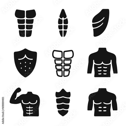Abdominal Muscle Icons. Solid, filled icon set of abdominal muscle anatomy: six-pack abs, rectus abdominis, oblique muscle,